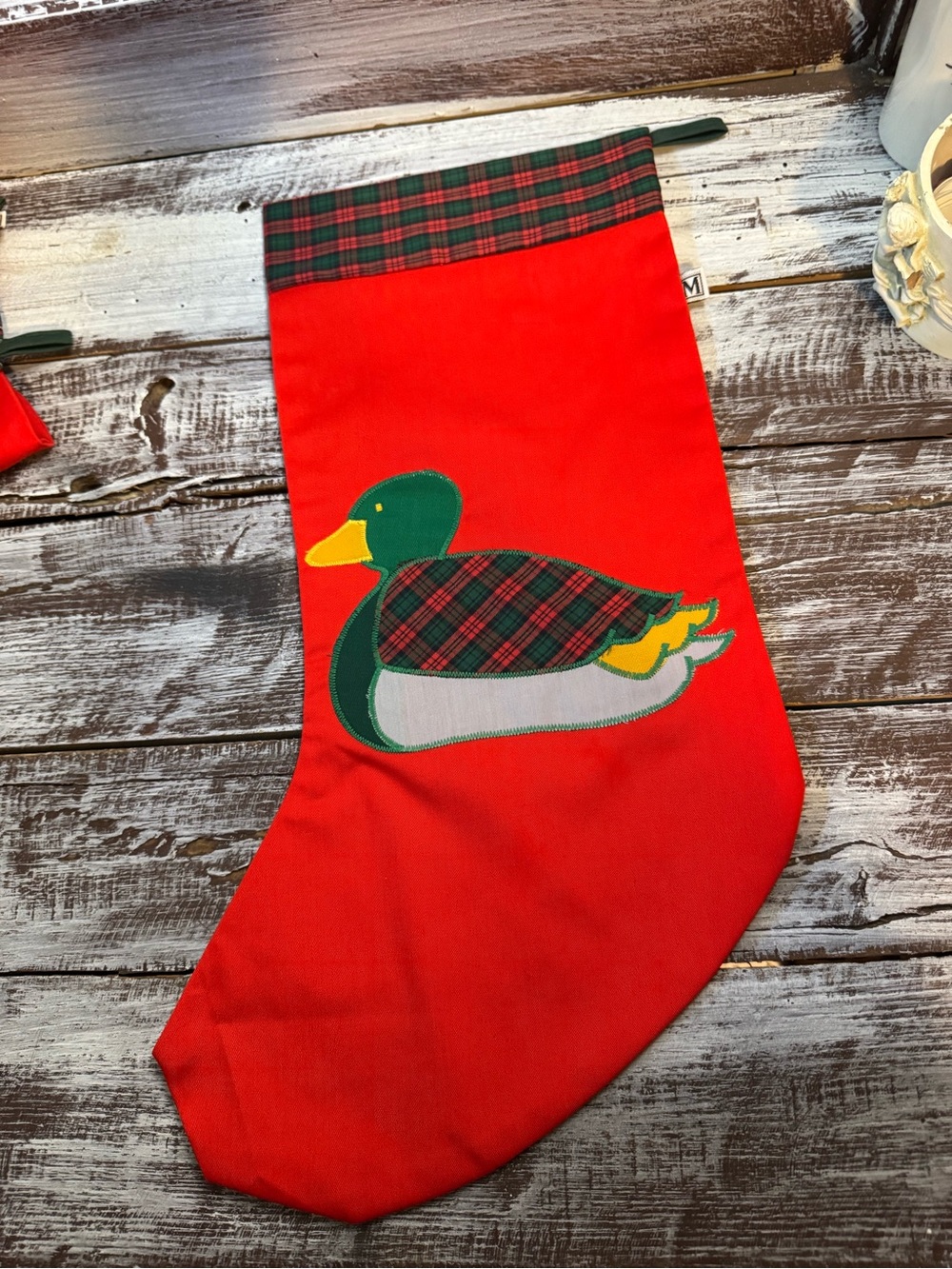 Source Unknown Red Christmas Stocking with Plaid Duck Applique